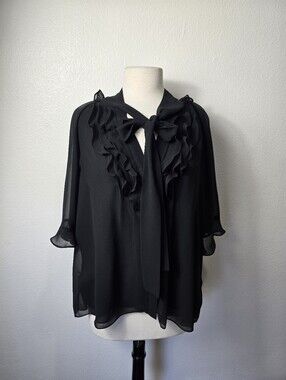 Kobi Halperin Black Ruffle Tie-Neck Blouse Office Casual Ruffle